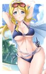  1girl arms_behind_head arms_up ayase_eli beach bikini black_bikini blonde_hair blue_eyes breasts collarbone commentary_request day eyewear_on_head high_ponytail highres kirisaki_reina large_breasts linea_alba long_hair looking_at_viewer love_live! love_live!_school_idol_project navel ocean palm_tree parted_lips sand side-tie_bikini_bottom solo stomach sunglasses swimsuit tree 