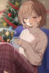  1girl :d absurdres aran_sweater bangs bell black_hair blurry blurry_background blush brown_eyes brown_hair brown_skirt cable_knit candy candy_cane christmas christmas_ornaments christmas_tree commentary_request cup depth_of_field food grey_hair gukurosawa01 hair_between_eyes highres holding holding_cup hololive hololive_english indoors knees_up looking_at_viewer mug multicolored_hair nail_polish nanashi_mumei pink_nails plaid plaid_skirt sitting skirt smile solo steam streaked_hair sweater teeth turtleneck turtleneck_sweater upper_teeth_only virtual_youtuber white_sweater 
