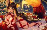  1girl animal_ears blonde_hair breasts brown_hair brown_tail christmas fox_ears fox_girl fox_tail highres hyanna-natsu large_breasts long_hair multicolored_hair nude open_mouth original red_ribbon ribbon solo tail yellow_eyes 