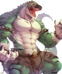  5:6 abs anthro armband belt biceps big_muscles black_stripes bottomwear bracelet brown_bottomwear brown_clothing claws clothed clothing dinosaur genitals glans green_body jewelry male muscular muscular_anthro muscular_male open_mouth pecs penis rabbity red_sclera reptile scalie signature simple_background solo spiked_armband spiked_bracelet spikes stripes teeth theropod topless topless_anthro topless_male torn_bottomwear torn_clothing typhek tyrannosaurid tyrannosaurus tyrannosaurus_rex uvula white_background white_body yellow_eyes 