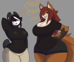  2021 anthro bear big_breasts black_body black_bottomwear black_clothing black_fur black_hair black_sclera black_shirt black_shorts black_topwear bottomwear breast_size_difference breasts brown_bottomwear brown_clothing brown_pants canid canine cleavage clothed clothing covered_eyes dewwydarts dialogue duo female fluffy fluffy_tail fox fur giant_panda gloves_(marking) grey_background hair hair_over_eyes hi_res innuendo maddie_(dewwydarts) mai_(dewwydarts) mammal markings multicolored_body multicolored_fur open_mouth orange_body orange_fur pants question_mark red_hair shirt shorts simple_background standing thick_thighs topwear two_tone_body two_tone_fur white_body white_fur wide_hips yellow_eyes 