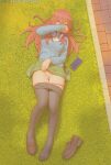  1girl artist_name bangs bartolomeobari black_pantyhose blue_cardigan blush brown_footwear cardigan cellphone clothes_lift clothes_pull commentary commission covering_mouth day embarrassed english_commentary eyes_visible_through_hair female_pubic_hair full_body go-toubun_no_hanayome grass green_skirt hair_between_eyes hair_spread_out headphones headphones_around_neck heart heart-shaped_pupils highres lifted_by_self loafers long_hair long_sleeves looking_at_viewer lying nakano_miku on_back on_ground outdoors panties panty_pull pantyhose pantyhose_pull phone pink_panties pubic_hair purple_eyes pussy red_hair school_uniform shirt shoe_removed shoes shoes_removed single_shoe skirt skirt_lift solo sparse_pubic_hair symbol-shaped_pupils uncensored underwear white_shirt 