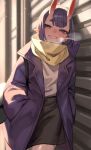  1girl against_wall alternate_costume bag bangs bob_cut breath casual chorogon coat contemporary cowboy_shot eyeliner fate/grand_order fate_(series) hand_in_pocket highres horns looking_at_viewer makeup oni oni_horns open_clothes open_coat open_mouth purple_coat purple_eyes purple_hair scarf shirt shirt_tucked_in short_eyebrows short_hair shoulder_bag shuten_douji_(fate) skin-covered_horns smile snowing solo white_shirt winter winter_clothes yellow_scarf 