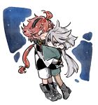  2girls ahoge asticassia_school_uniform black_hairband blush boots chibi closed_eyes green_jacket green_shorts grey_eyes grey_hair gundam gundam_suisei_no_majo hair_between_eyes hairband hug jacket long_hair low_ponytail miorine_rembran multi-tied_hair multiple_girls open_mouth red_hair school_uniform short_hair_with_long_locks shorts smile suletta_mercury thick_eyebrows tima white_jacket white_shorts 
