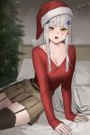  1girl absurdres all_fours arm_support bangs bed belt breasts christmas christmas_lights christmas_tree cleavage collarbone girls&#039;_frontline green_eyes hair_ornament hat highres hk416_(girls&#039;_frontline) kir_(khw66136132) large_breasts long_hair long_sleeves looking_at_viewer open_mouth red_shirt santa_hat shirt sitting skirt solo tattoo thighhighs white_hair 