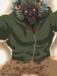  anthro blush fur grey_body grey_fur hi_res horn krampus_(housamo) lifewonders looking_at_viewer looming_over male monster muscular muscular_anthro muscular_male solo tamineko tokyo_afterschool_summoners 