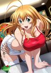  1girl :d alternate_costume antenna_hair ass_visible_through_thighs bangs bare_arms bent_over black_ribbon blonde_hair blue_eyes breasts cleavage collarbone dutch_angle fang floating_hair hair_between_eyes ikkitousen indoors large_breasts long_hair microskirt midriff open_mouth ribbon shiny shiny_hair shiny_skin skirt smile solo sonsaku_hakufu straight_hair thighhighs white_skirt white_thighhighs 