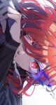  1boy bangs blue_lock breath chigiri_hyoma clenched_teeth close-up commentary_request flaming_eye hair_between_eyes highres long_hair long_sleeves looking_at_viewer male_focus nekoma_hikaru red_eyes red_hair shirt sideways simple_background solo sweat teeth white_background 