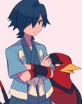  1boy bangs bird black_wristband blue_eyes blue_jacket blue_kimono closed_mouth commentary crossed_arms falkner_(pokemon) frown hair_over_one_eye haori highres jacket japanese_clothes kimono male_focus medium_hair open_clothes open_jacket pokemon pokemon_(creature) pokemon_(game) pokemon_hgss sash short_sleeves swellow symbol-only_commentary tyako_089 wristband 