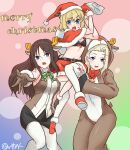 3girls absurdres animal_ears animal_hood antlers bangs belt bikini bikini_top_only black_belt black_bikini black_hair black_shorts blonde_hair blouse blue_eyes blush bob_cut bow_legwear breasts brown_gloves brown_shawl capelet carrying carrying_person christmas clara_(girls_und_panzer) collared_shirt commentary deer_ears english_text fang frown fur-trimmed_capelet fur-trimmed_footwear fur-trimmed_skirt fur_trim girls_und_panzer gloves green_necktie hat highres holding holding_sack hood hood_up katyusha_(girls_und_panzer) kibasen legwear_under_shorts long_hair merry_christmas midriff miniskirt multicolored_background multiple_girls necktie nonna_(girls_und_panzer) onesie open_mouth over_shoulder pantyhose pointing red_capelet red_footwear red_gloves red_headwear red_shirt reindeer_antlers reindeer_hood sack santa_gloves santa_hat shawl shirt shoes short_hair shorts skirt small_breasts smile standing sweatdrop swept_bangs swimsuit thighhighs turtleneck twitter_username wata_sensha white_pantyhose white_thighhighs 