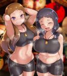  2girls absurdres arms_behind_head black_bloomers black_hair black_sports_bra blonde_hair bloomers blurry blurry_background breasts closed_eyes collarbone commentary_request covered_nipples curly_hair cut_bangs grin hand_fan highres idolmaster idolmaster_cinderella_girls koseki_reina large_breasts lips long_hair looking_at_viewer medallion multiple_girls ohnuma_kurumi open_mouth paper_fan plump purple_eyes reij_dddn shiny shiny_skin small_breasts smile sports_bra steam steaming_body stomach sweat underwear wavy_mouth 