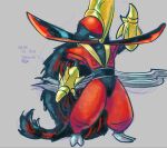  arm_blade armor black_hair blade facial_hair gold hand_up helmet highres japanese_armor kingambit long_hair mustache no_humans pokemon pokemon_(creature) red_armor standing the_letter_w weapon 
