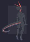  2022 annoy_(character) annoyance anthro biped black_body digital_media_(artwork) digitigrade fingers grey_body hi_res horn looking_at_viewer looking_back looking_back_at_viewer male markings multicolored_body orange_eyes orange_markings simple_background solo standing unknown_species 