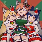  3girls animal_ears bare_shoulders bell bow bowtie brown_hair christmas christmas_tree_costume commentary_request detached_collar dress elbow_gloves extra_ears ezo_red_fox_(kemono_friends) fox_ears fox_girl fox_tail frilled_thighhighs frills gloves green_bow green_dress grey_hair hair_between_eyes hair_bow hat highres inada_roku jewelry kemono_friends kemono_friends_3 long_hair looking_at_viewer matching_outfit multicolored_hair multiple_girls neck_bell necklace official_alternate_costume orange_eyes orange_hair plaid plaid_dress red_bow red_bowtie red_dress red_fox_(kemono_friends) red_thighhighs santa_costume santa_hat sidelocks silver_fox_(kemono_friends) sleeveless smile star_(symbol) star_necklace tail thighhighs white_gloves zettai_ryouiki 