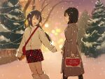  2girls backlighting black_hair christmas_tree closed_eyes coat long_hair looking_at_another love_live! love_live!_nijigasaki_high_school_idol_club medium_hair merry_christmas mifune_shioriko multiple_girls one_side_up overcoat red_eyes sei_ha smile snow yuri yuuki_setsuna_(love_live!) 