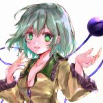  1girl absurdres bangs breasts buttons cleavage collar collarbone diamond_button dot_nose eyelashes frilled_collar frilled_sleeves frills green_collar green_eyes green_hair hair_between_eyes hand_on_own_chin hands_up highres ikazuchi_akira komeiji_koishi light_blush long_sleeves looking_at_viewer open_hand open_mouth reaching_towards_viewer shirt short_hair sidelocks simple_background small_breasts smile solo third_eye touhou wavy_hair white_background wide_sleeves yellow_shirt 