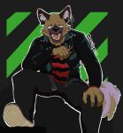  2022 5_fingers aggressive_retsuko anthro belt black_clothing brown_body brown_fur cigarette clothing fingers fur haida hi_res hyena jacket looking_at_viewer male mammal nimbysan sanrio solo spotted_hyena topwear 