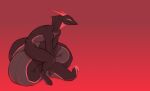  2021 annoy_(character) annoyance anthro big_tail black_body digital_media_(artwork) grey_body hi_res horn male multicolored_body red_background simple_background sitting sitting_on_tail solo unknown_species 