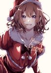  1girl absurdres bang_dream! brown_hair collarbone dated english_text engrish_text hair_between_eyes hat highres looking_at_viewer medium_hair merry_christmas nuruponnu purple_eyes ranguage santa_costume santa_hat smile solo teeth toyama_kasumi upper_teeth_only white_background 