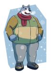  2022 anthro black_nose blush bottomwear canid canine canis clothing domestic_dog eyes_closed hi_res kemono kick_(artist) male mammal overweight overweight_male pants scarf solo sweater topwear 
