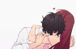  1boy 1girl alternate_costume amamiya_ren bare_shoulders black_hair blush buttons closed_eyes collared_shirt couple from_behind heart hetero highres holding_another&#039;s_arm hug jacket kiss kissing_neck lingerie long_hair messy_hair off_shoulder open_clothes open_jacket persona persona_5 persona_5_the_royal red_hair shirt short_hair simple_background sleeveless tsubsa_syaoin underwear white_background white_jacket yoshizawa_sumire 