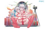  2girls alexandra_pavlovna_zaychik ass barefoot blue_hair box bronya_zaychik camera christmas colored_inner_hair feet gift gift_box grey_hair hair_between_eyes highres honkai_(series) honkai_impact_3rd long_hair looking_at_viewer mother_and_daughter multicolored_hair multiple_girls naked_ribbon ninai no_shoes open_mouth panties ponytail purple_eyes red_panties red_ribbon red_thighhighs ribbon sitting soles thighhighs toes two-tone_hair underwear upper_body 