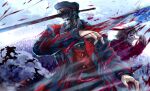  1boy 1girl absurdres artist_name black_coat black_shirt blonde_hair blood blood_on_clothes blood_on_weapon blood_splatter blue_blood blue_sky chainsaw_man cloud coat ediptus facing_to_the_side hat highres hood hoodie hybrid katana katana_man_(chainsaw_man) looking_at_viewer medium_hair military_hat open_mouth red_eyes red_hoodie sawatari_akane_(chainsaw_man) shirt sideways_glance sky sword weapon 