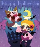 1girl 1other adeleine alternate_costume animal_costume animal_ears bat_(animal) bat_wings black_eyes black_hair halloween_costume happy_halloween hone kirby kirby_(series) long_sleeves looking_at_another moon short_hair tail wings wolf_costume wolf_ears wolf_tail 
