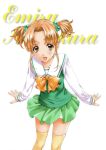  1990s_(style) 1girl absurdres brown_eyes brown_hair character_name cursive feet_out_of_frame green_skirt hair_bobbles hair_ornament highres kai_tomohisa long_sleeves looking_at_viewer miniskirt nagakura_emiru non-web_source official_art open_mouth retro_artstyle sentimental_graffiti short_twintails simple_background skirt solo thighhighs twintails white_background yellow_thighhighs zettai_ryouiki 