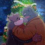 2022 anthro bear blush canid canine canis christmas christmas_tree clothing duo embrace eyes_closed hi_res holidays hug kemono kissing male male/male mammal night outside overweight overweight_male plant sangguri_32 scarf slightly_chubby snow snowing sweater topwear tree wolf 