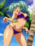  1girl :d ahoge aqua_hair bangs bare_arms bare_legs bikini blue_sky blush breasts cleavage cloud day front-tie_bikini_top front-tie_top green_eyes groin hair_between_eyes ikkitousen large_breasts long_hair looking_at_viewer looking_down navel open_mouth outdoors palm_tree purple_bikini ryofu_housen shiny shiny_hair shiny_skin side-tie_bikini_bottom sideboob sky smile solo standing summer swimsuit tree twintails twisted_torso underboob untied untied_bikini 