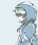  1other androgynous atoymk blue_hood blue_shirt closed_mouth commentary detached_hood green_eyes green_hair highres len&#039;en light_blue_background long_sleeves medium_hair other_focus shirt shitodo_aoji simple_background solo upper_body 