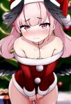  1girl aori_(binnoaori) bangs blue_archive blunt_bangs blush bottomless breasts christmas christmas_tree collarbone covering covering_crotch dress hair_bobbles hair_ornament hat head_wings highres koharu_(blue_archive) looking_at_viewer pink_eyes pink_hair red_dress santa_hat small_breasts solo twintails 