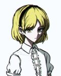  1other androgynous atoymk black_hairband blonde_hair buttons center_frills chromatic_aberration closed_mouth collared_shirt commentary english_commentary frills hairband len&#039;en other_focus puffy_short_sleeves puffy_sleeves sanpaku shirt short_hair short_sleeves simple_background solo upper_body white_background white_shirt xeno_a yellow_eyes 