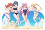  4girls :d ;d ^^^ barefoot bikini black_bikini blonde_hair blue_bikini blue_eyes blue_hair blue_sky bocchi_the_rock! bracelet breasts chen_yang_yang cleavage cloud commentary covered_navel cube_hair_ornament day english_commentary feet food full_body gotou_hitori green_eyes hair_ornament holding_hands holding_ice_cream ice_cream ijichi_nijika interlocked_fingers jewelry jumping kita_ikuyo large_breasts legs long_hair looking_at_viewer medium_breasts multiple_girls old_school_swimsuit one-piece_swimsuit one_eye_closed orange_bikini orange_hair pink_hair red_eyes revision sand school_swimsuit sky small_breasts smile standing striped striped_bikini swimsuit thighs toes underwear v yamada_ryou 