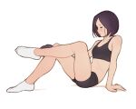 1girl absurdres bare_arms bare_legs bare_shoulders bike_shorts black_hair breasts closed_eyes closed_mouth from_side full_body highres luimiart medium_hair original profile scar scar_across_eye simple_background small_breasts socks solo sports_bra white_background white_socks 