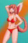  anthro bikini blush breasts clothed clothing crossgender english_text feathered_tail feathers female goodbye_volcano_high hair hi_res long_hair looking_at_viewer markings panties pink_body pink_hair purple_eyes reed_(gvh) side_boob snoot_game_(fan_game) solo swimwear text tongue tongue_out underwear unknown_artist video_games 