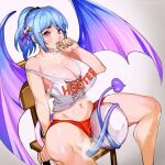  1girl areola_slip belly biting blue_hair breasts chair character_request cleavage clothed_masturbation clothes_writing commission copyright_request crotch_rub demon_girl demon_tail demon_wings employee_uniform female_masturbation finger_biting finger_in_own_mouth heart heart-shaped_pupils highres hooters huge_breasts keigi looking_at_viewer masturbation masturbation_through_clothes medium_hair navel no_bra orange_shorts ponytail prehensile_tail purple_tail purple_wings pussy_juice pussy_juice_stain red_eyes short_shorts shorts sitting solo spread_legs strap_slip symbol-shaped_pupils tail tank_top thick_thighs thighs tray uncommon_stimulation uniform waitress wings 