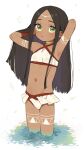  1girl armpits bikini brown_hair child choker dark_skin frilled_bikini frills green_eyes long_hair moyori navel original swimsuit tattoo tribal_tattoo white_background 