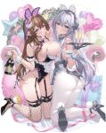  2girls absurdres animal_ears asymmetrical_docking balloon bangs black_footwear black_leotard blush bottle bow bowtie breast_press breasts brown_hair closed_mouth cow_horns cow_tail cup detached_collar drinking_glass fake_animal_ears fishnet_thighhighs fishnets frilled_pillow frills full_body garter_straps grey_hair hair_between_eyes heart_balloon high_heels highleg highleg_leotard highres holding holding_bottle holding_tray horns huge_breasts large_breasts leotard long_hair looking_at_viewer maid_headdress multiple_girls original pantyhose parted_lips pillow playboy_bunny pom_pom_(clothes) rabbit_ears revision sg_(satoumogumogu) sleeves_past_wrists strapless strapless_leotard symmetrical_docking tail thighhighs traditional_bowtie tray very_long_hair white_leotard white_pantyhose 