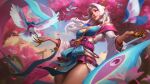  1girl animal bird bird_wings cherry_blossoms claws evelynn_(league_of_legends) highres league_of_legends lejia_chan long_hair pink_eyes pointy_ears smile spirit_blossom_(league_of_legends) tree white_hair wings 