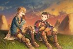  2boys armor blonde_hair brown_hair cape closed_mouth cloud cotelier delita_heiral final_fantasy final_fantasy_tactics foot_out_of_frame gloves grass multiple_boys ponytail ramza_beoulve smile 