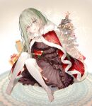  1girl :d bangs blush box brown_dress cecilia_(shiro_seijo_to_kuro_bokushi) christmas christmas_ornaments christmas_tree cloak commentary_request dress full_body fur-trimmed_cloak fur_trim gift gift_box gradient gradient_legwear green_eyes green_hair grey_thighhighs hair_between_eyes head_tilt kazutake_hazano knees_up long_hair no_shoes pleated_dress red_cloak shiro_seijo_to_kuro_bokushi sitting smile solo thighhighs very_long_hair white_thighhighs 