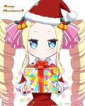  1girl beatrice_(re:zero) blonde_hair blue_eyes box christmas drill_hair egamitai123 gift gift_box hair_ribbon hat highres looking_at_viewer merry_christmas re:zero_kara_hajimeru_isekai_seikatsu ribbon santa_costume santa_hat sidelocks smile solo symbol-shaped_pupils twin_drills upper_body white_background 