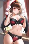  1girl bangs bare_arms bare_shoulders black_wings blush bow bow_panties bra brown_hair commentary_request contrapposto cowboy_shot curtains feathered_wings hand_up hat highres lingerie looking_at_viewer navel panties parted_lips pom_pom_(clothes) red_bra red_headwear revision shameimaru_aya short_hair solo standing stomach tokin_hat touhou uemura_shun underwear underwear_only window wings yellow_eyes 