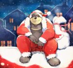  2022 absurd_res anthro bear belly black_body black_nose christmas christmas_clothing christmas_headwear clothing detailed_background ginnosuke hat headgear headwear hi_res holidays kemono male mammal moobs night nipples outside overweight overweight_male santa_claus santa_hat sitting snow snowing solo 