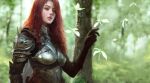  1girl armor brown_eyes bug bush butterfly copyright_request european_clothes forest green_butterfly jerrypark long_hair looking_at_viewer nature open_mouth original realistic red_hair tree 