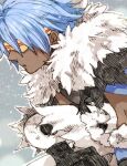  1boy bangs black_shirt blue_hair commentary_request dark-skinned_female dark_skin expressionless fur_collar male_focus official_alternate_costume open_mouth ragnarok_online shadow_chaser_(ragnarok_online) shirt short_hair snow_goggles solo tokio_(okt0w0) upper_body 