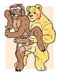  abs altenusy anthro balls barazoku bear big_muscles bodily_fluids brown_body butterbear_(cookie_run) canid canine canis clothing cookie cookie_run domestic_dog duo erection food food_creature food_humanoid fur genital_fluids genitals hair humanoid humanoid_genitalia humanoid_penis low_res male male/male mammal muscular muscular_anthro muscular_male nipples pecs penis plushie simple_background ursine video_games 