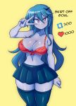  &lt;3 absurd_res accessory big_breasts blue_body blue_hair blush blush_lines bottomwear bra breasts clothed clothing female hair hair_accessory hi_res human humanoid legwear lucy_(lucyfercomic) lucyfercomic mammal partially_clothed purple_eyes skirt solo stockings text thick_thighs underwear wide_hips 